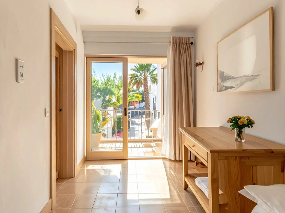 Jasny pokój z balkonem w hotelu w centrum Lloret de Mar. Zdjęcie wygenerowane przez AI.