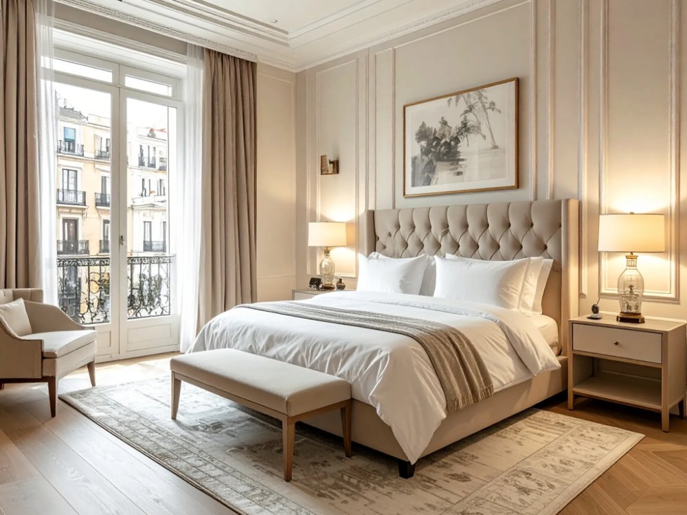 Elegancki pokój hotelowy przy Gran Vía w Madrycie. Zdjęcie wygenerowane przez AI.