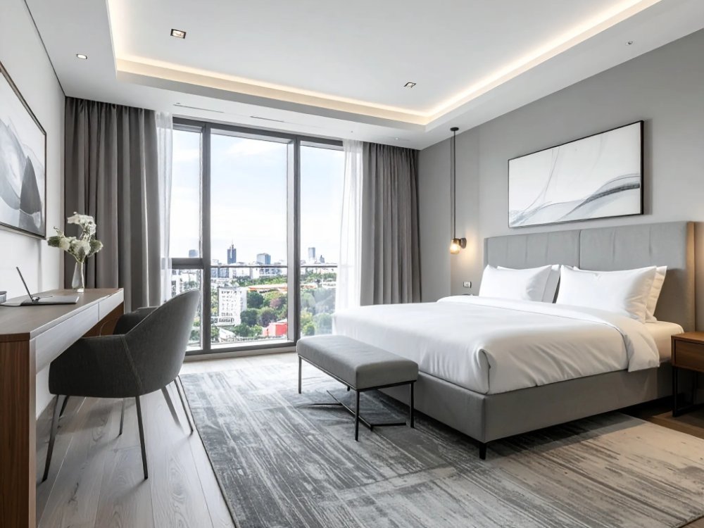 Nowoczesny pokój w hotelu w pobliżu dworca Atocha w Madrycie. Zdjęcie wygenerowane przez AI.