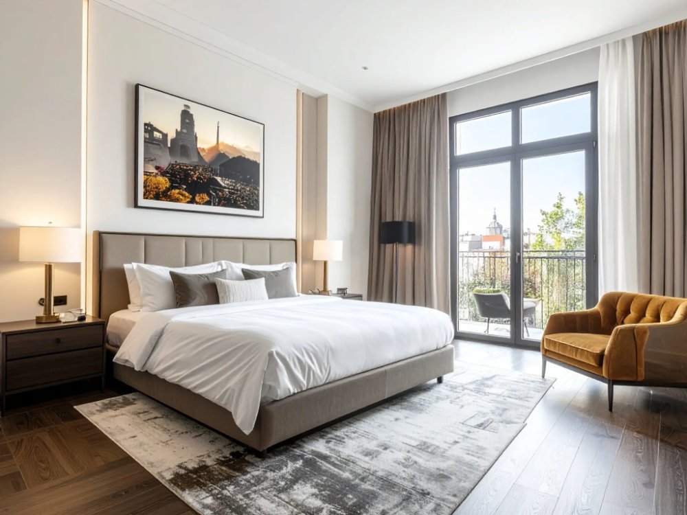 Nowoczesny pokój w hotelu z muzycznym wystrojem w Madrycie. Zdjęcie wygenerowane przez AI.
