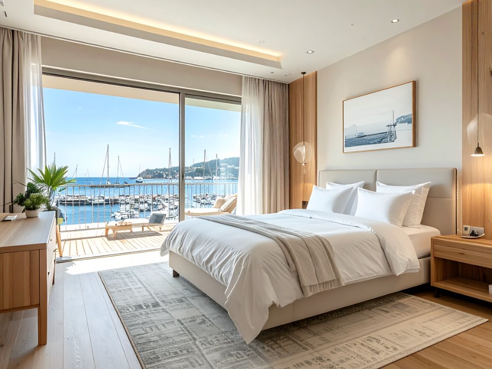 Pokój z widokiem na marinę w hotelu w Mataró. Zdjęcie wygenerowane przez AI.