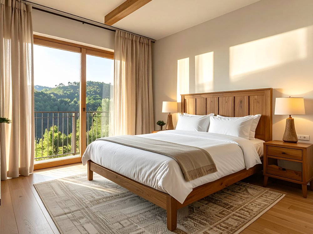 Pokój z balkonem w hotelu w Olot. Zdjęcie wygenerowane przez AI.