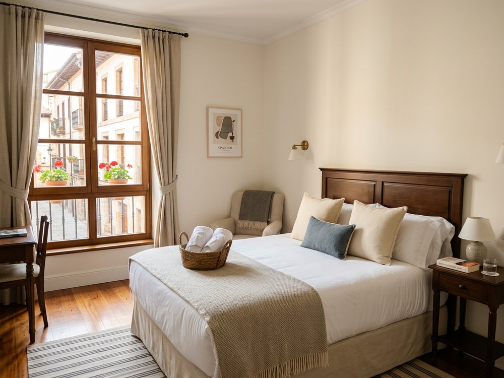 Ilustracja pokoju hotelowego - butikowy hotel w centrum. Zdjęcie wygenerowane przez AI.
