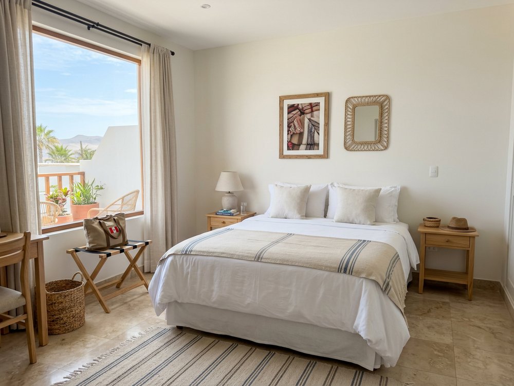Ilustracja pokoju hotelowego - niedrogi hotel w Paracas. Zdjęcie wygenerowane przez AI.