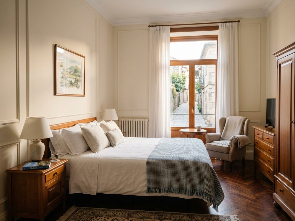 Ilustracja pokoju hotelowego - hotel w centrum Pontevedry. Zdjęcie wygenerowane przez AI.