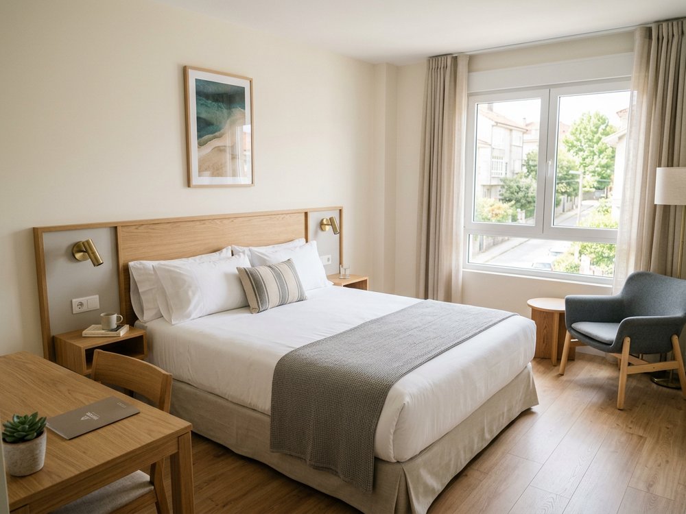 Ilustracja pokoju hotelowego - niedrogi hotel w Pontevedrze. Zdjęcie wygenerowane przez AI.