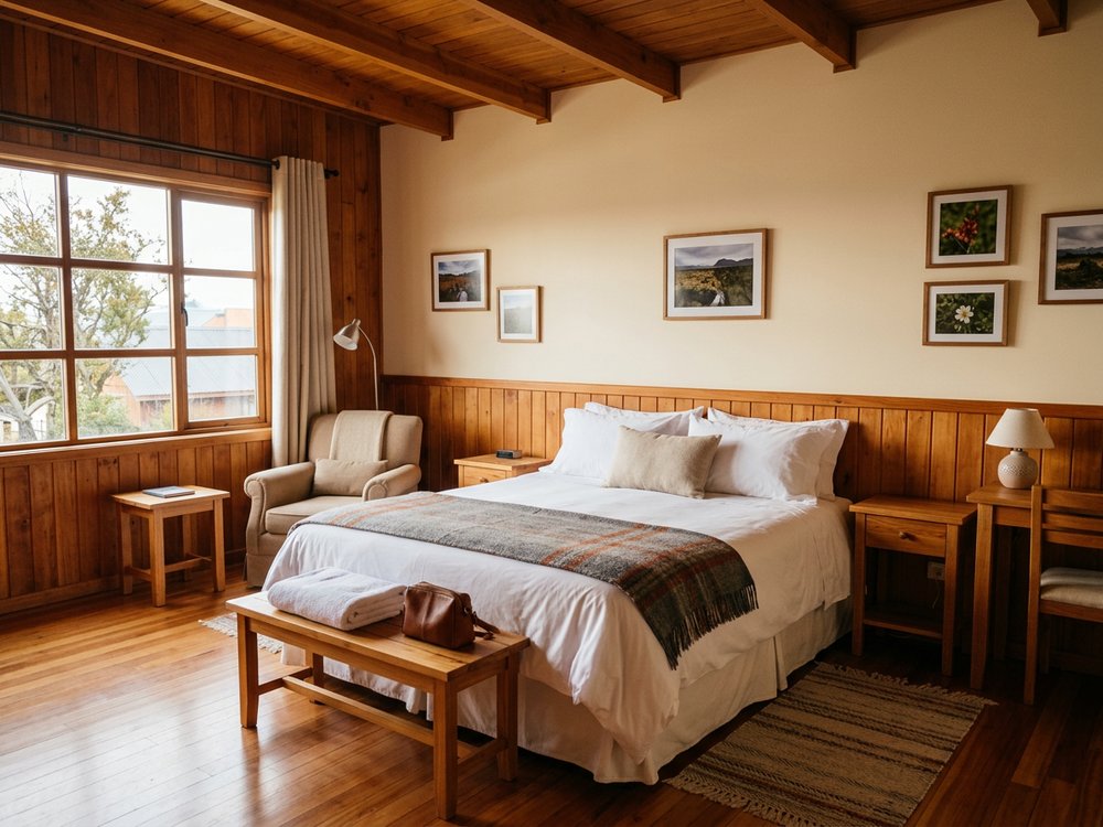 Ilustracja pokoju hotelowego - hotel w centrum Puerto Natales. Zdjęcie wygenerowane przez AI.