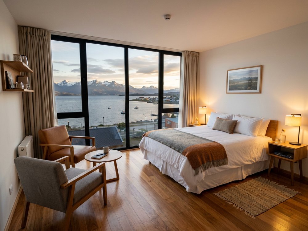 Ilustracja pokoju hotelowego - hotel w Puerto Natales. Zdjęcie wygenerowane przez AI.