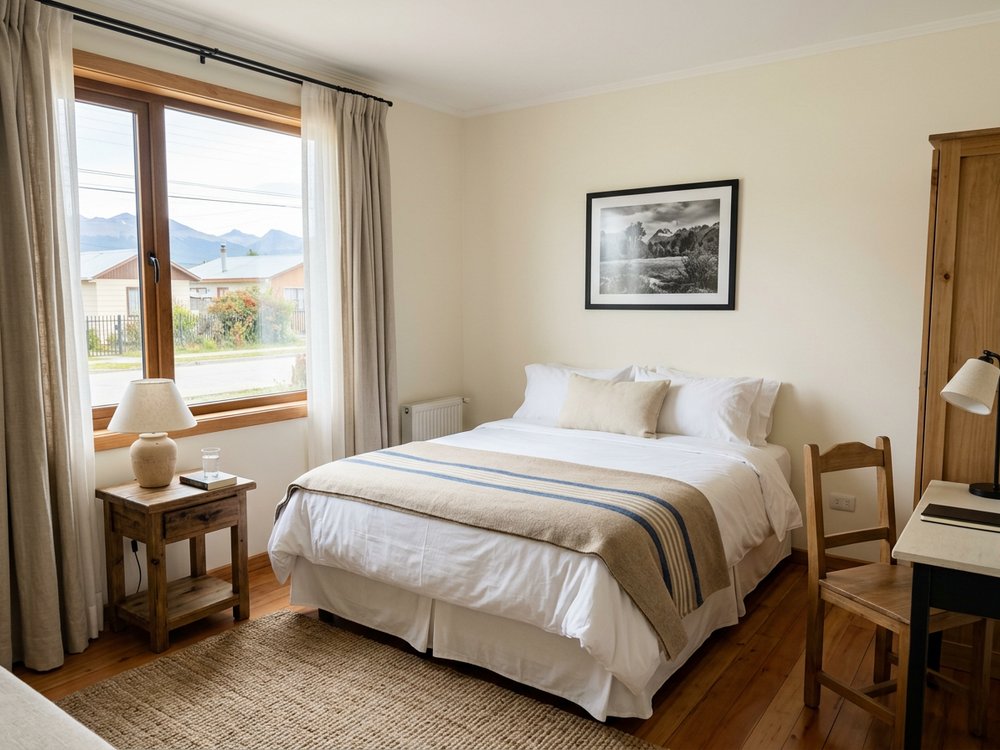 Ilustracja pokoju hotelowego - hotel w Puerto Natales. Zdjęcie wygenerowane przez AI.