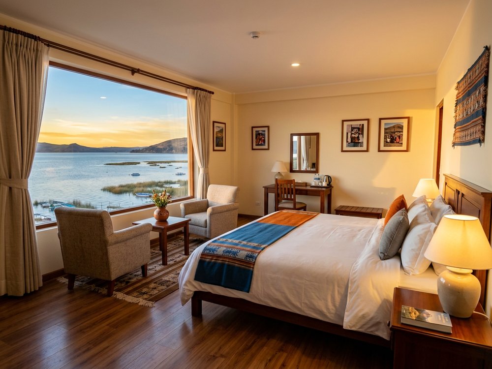 Ilustracja pokoju hotelowego - hotel nad jeziorem Titicaca. Zdjęcie wygenerowane przez AI.