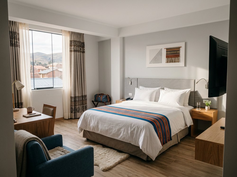 Ilustracja pokoju hotelowego - hotel blisko Plaza de Armas. Zdjęcie wygenerowane przez AI.