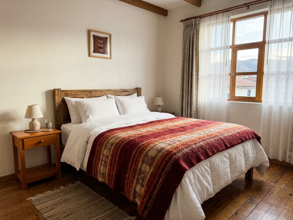 Ilustracja pokoju hotelowego - niedrogi hotel w centrum Puno. Zdjęcie wygenerowane przez AI.