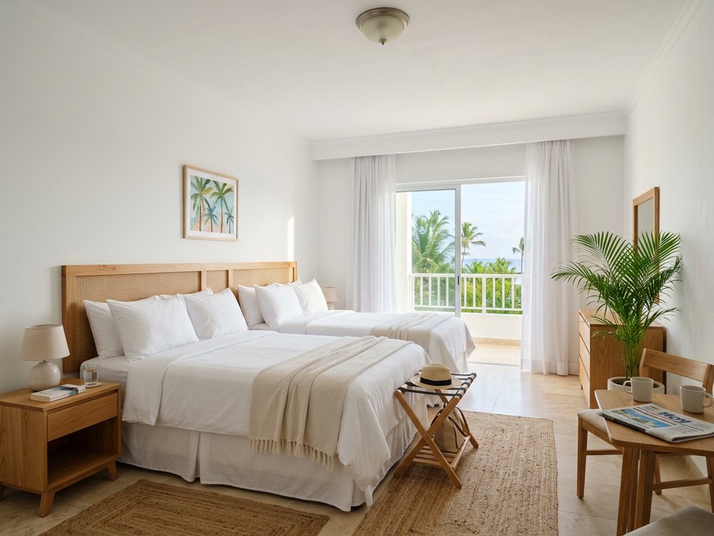 Ilustracja pokoju hotelowego - niedrogi hotel w Punta Cana. Zdjęcie wygenerowane przez AI.