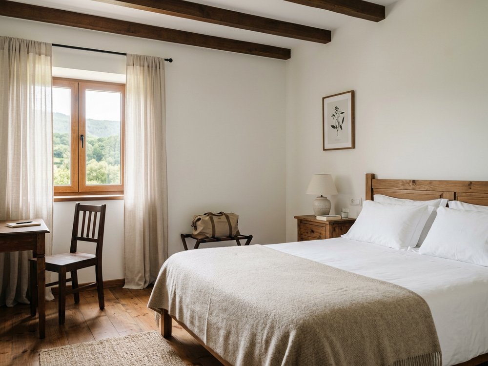 Ilustracja pokoju hotelowego - niedrogi hotel koło Monforte de Lemos. Zdjęcie wygenerowane przez AI.