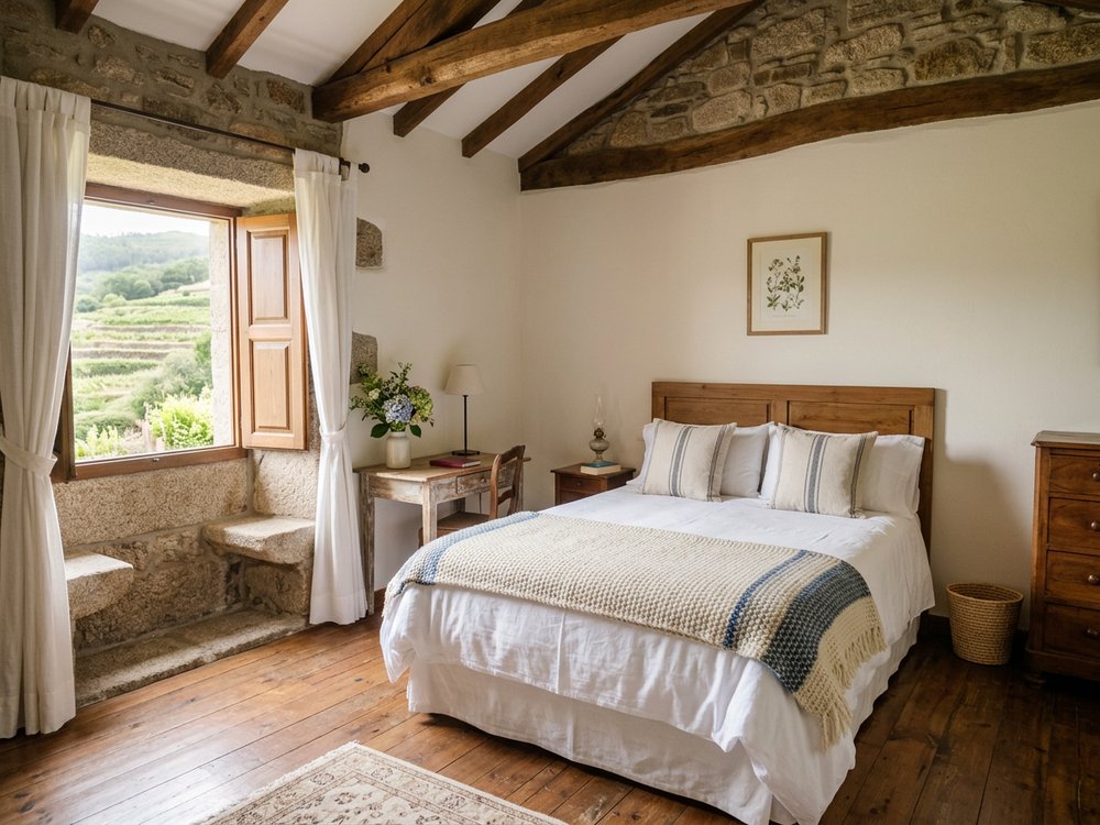 Ilustracja pokoju hotelowego - wiejski hotel w Ribeira Sacra. Zdjęcie wygenerowane przez AI.