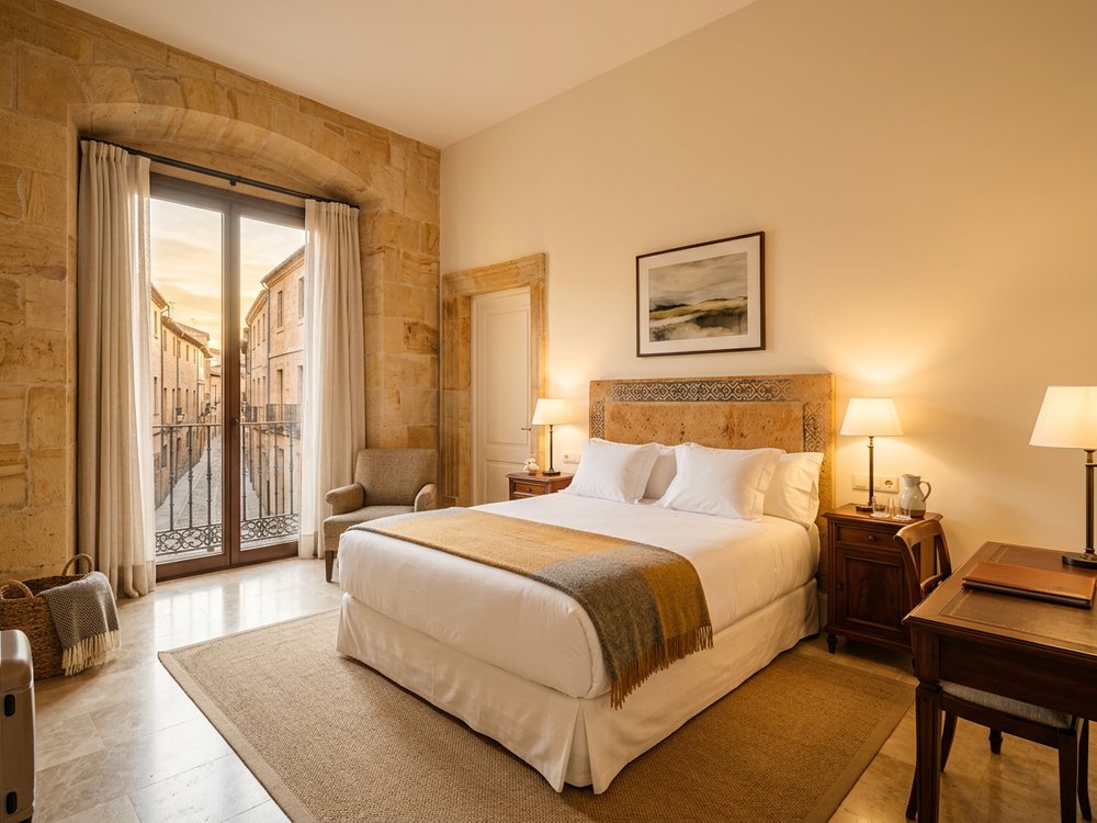 Ilustracja pokoju hotelowego - hotel przy Plaza Mayor. Zdjęcie wygenerowane przez AI.