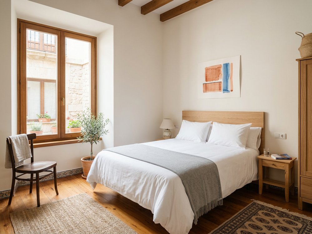 Ilustracja pokoju hotelowego - niedrogi hostal w centrum. Zdjęcie wygenerowane przez AI.