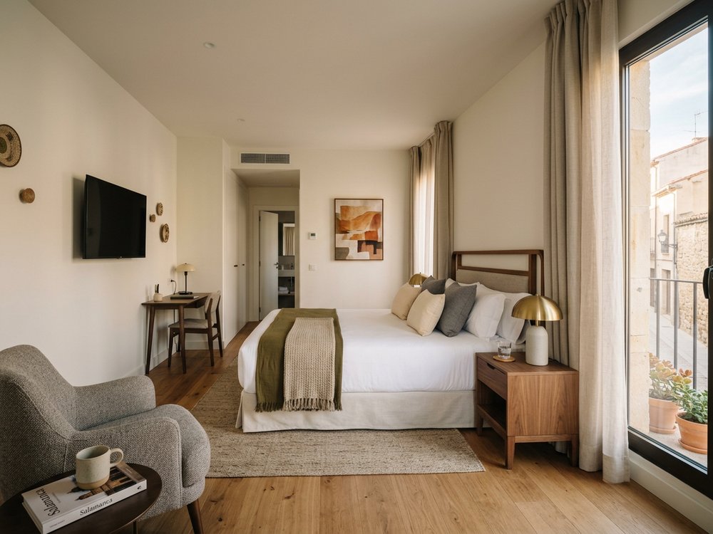 Ilustracja pokoju hotelowego - hotel obok Plaza Mayor. Zdjęcie wygenerowane przez AI.