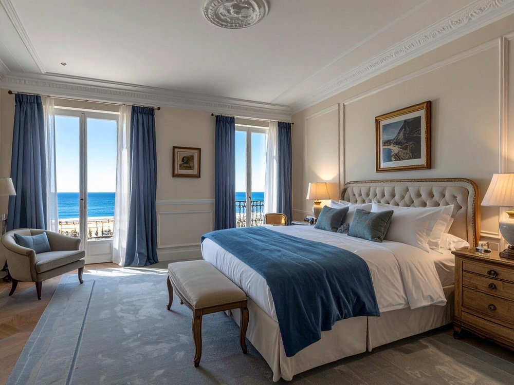 Elegancki pokój z widokiem na zatokę w hotelu w San Sebastián. Zdjęcie wygenerowane przez AI.