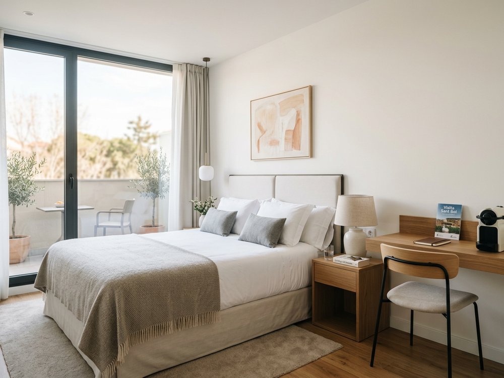 Ilustracja pokoju hotelowego - hotel w Sant Boi de Llobregat. Zdjęcie wygenerowane przez AI.