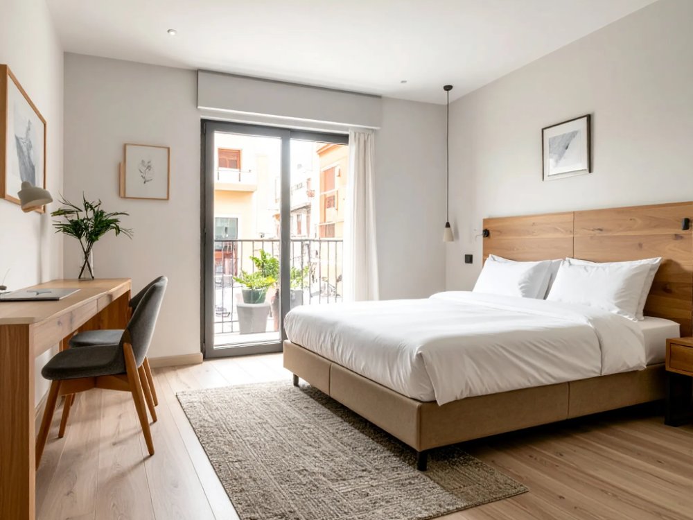 Jasny pokój z balkonem w hotelu w Santa Cruz de Tenerife. Zdjęcie wygenerowane przez AI.