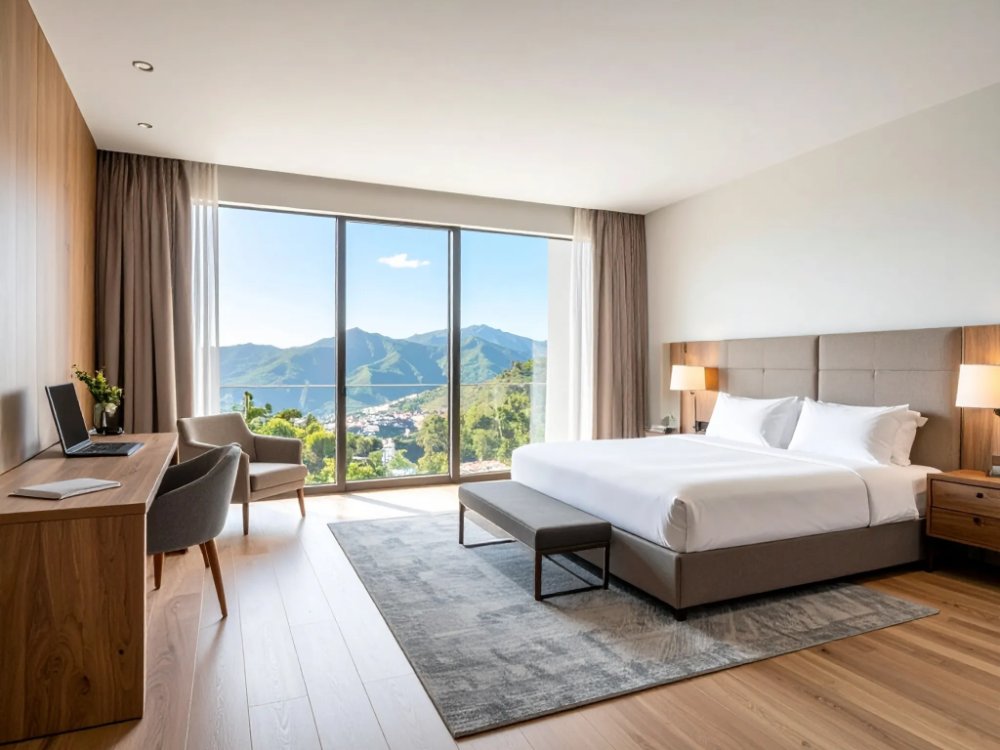 Pokój z widokiem na góry w hotelu w Santa Cruz de Tenerife. Zdjęcie wygenerowane przez AI.