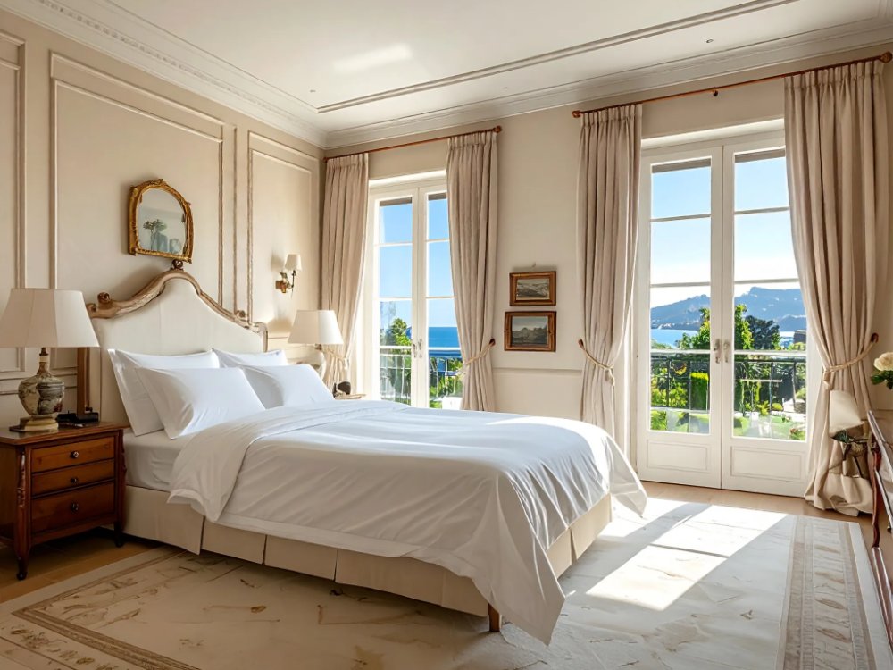 Elegancki pokój w historycznym hotelu nad zatoką w Santanderze. Zdjęcie wygenerowane przez AI.