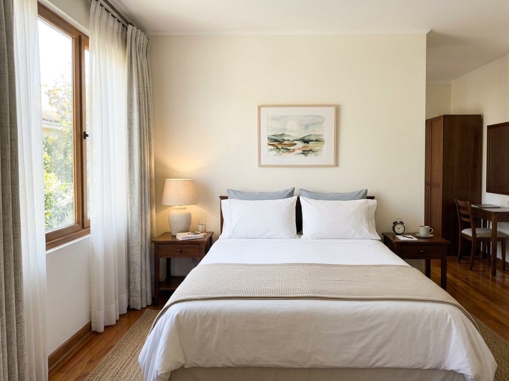 Ilustracja pokoju hotelowego - niedrogi hotel w centrum Santiago. Zdjęcie wygenerowane przez AI.