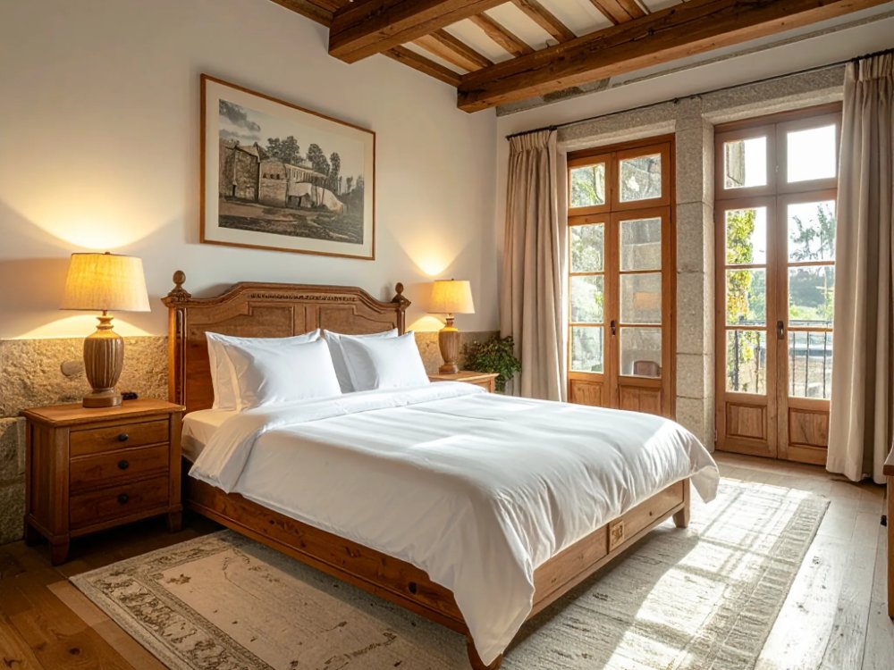 Klasyczny pokój w hotelu w Santiago de Compostela. Zdjęcie wygenerowane przez AI.