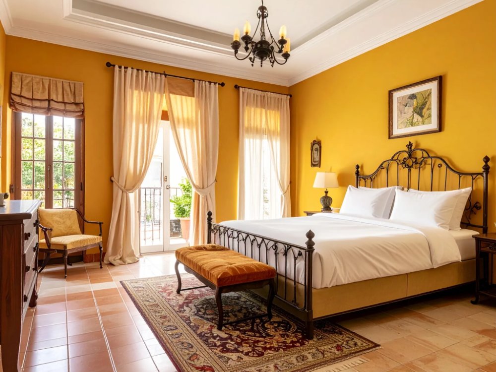 Pokój w andaluzyjskim stylu w hotelu w Sewilli. Zdjęcie wygenerowane przez AI.
