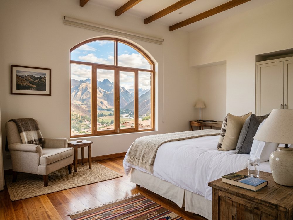 Ilustracja pokoju hotelowego - hotel w Urubambie. Zdjęcie wygenerowane przez AI.