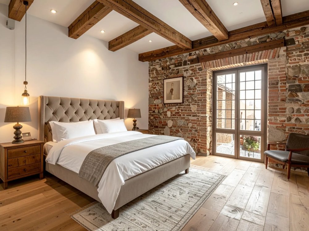 Pokój z ceglaną ścianą w butikowym hotelu na starówce Toledo. Zdjęcie wygenerowane przez AI.