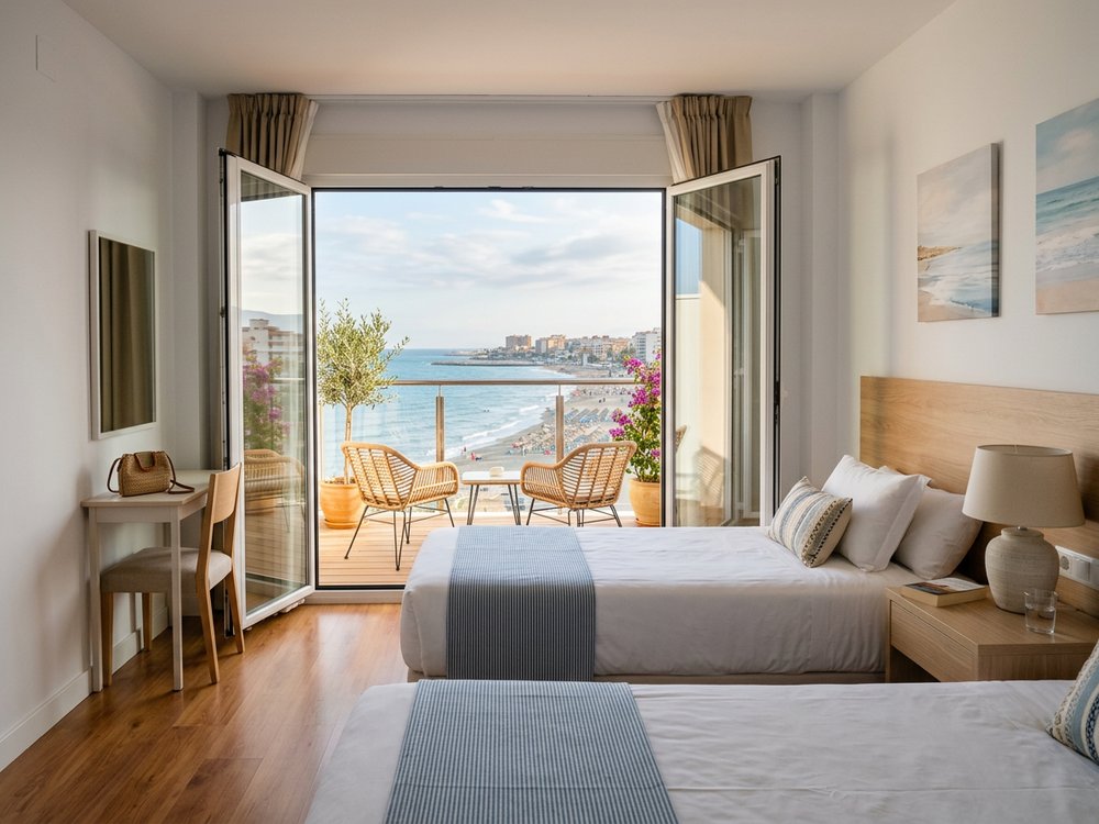 Ilustracja pokoju hotelowego - hotel blisko plaży. Zdjęcie wygenerowane przez AI.