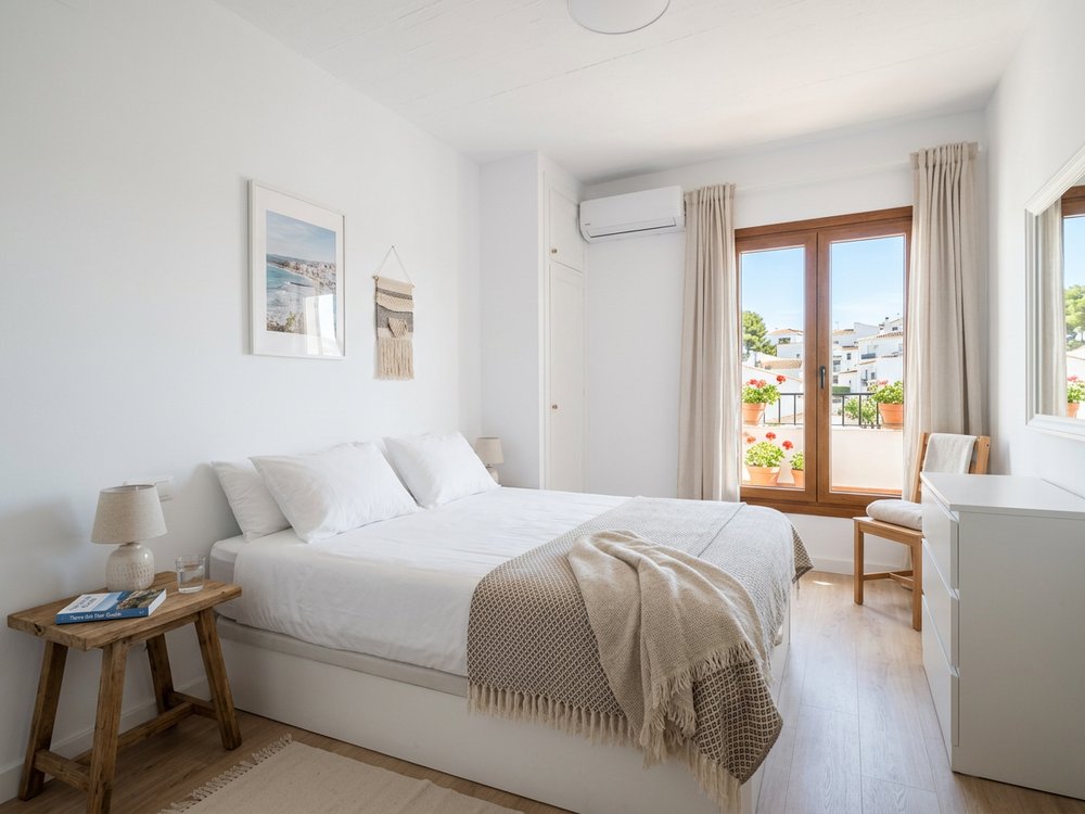 Ilustracja pokoju hotelowego - niedrogi hotel w Torre del Mar. Zdjęcie wygenerowane przez AI.