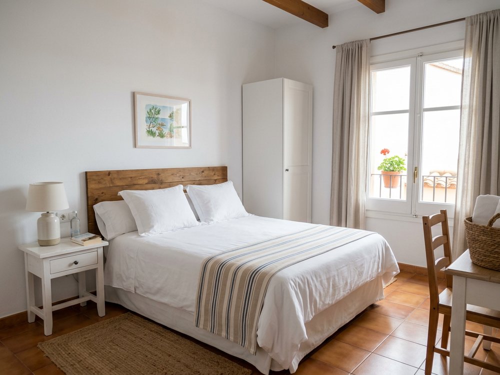 Ilustracja pokoju hotelowego - niedrogi hotel w Tossa de Mar. Zdjęcie wygenerowane przez AI.