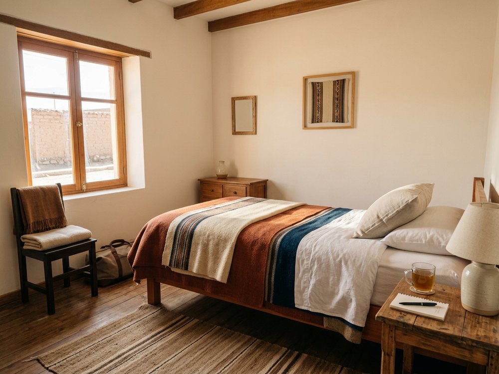 Ilustracja pokoju hotelowego - niedrogi hostal w Uyuni. Zdjęcie wygenerowane przez AI.