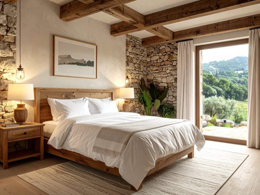 Pokój w kamiennej masii w eko resorcie pod Barceloną. Zdjęcie wygenerowane przez AI.