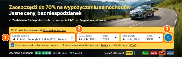 Krok 1 - wyszukiwarka DiscoverCars: lotnisko Teneryfa Południe i daty wynajmu