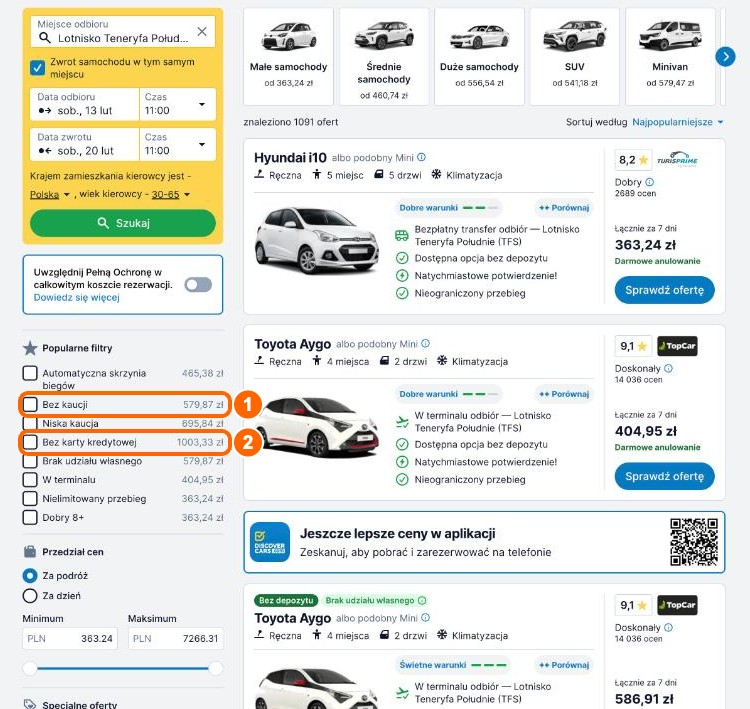 Krok 2 - filtry „Bez kaucji” i „Bez karty kredytowej” w sekcji Popularne filtry
