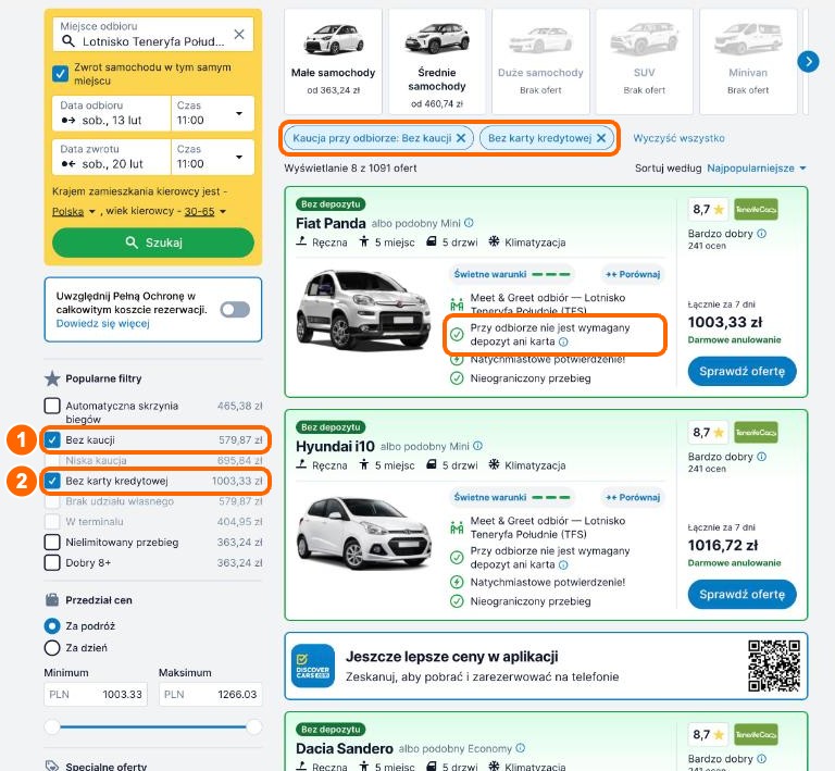 Krok 4 - oba filtry zaznaczone: oferty bez depozytu i bez karty przy odbiorze