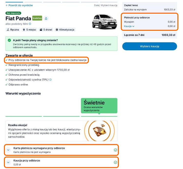 Krok 5 - warunki oferty: kaucja 0 zł i karta płatnicza niewymagana przy odbiorze