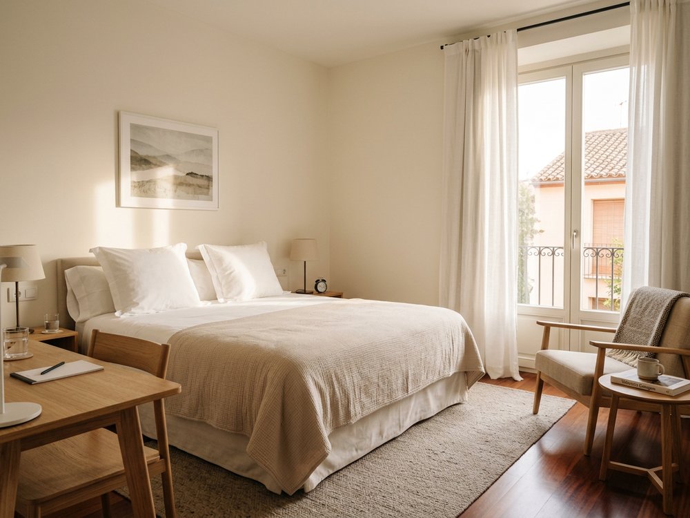 Ilustracja pokoju hotelowego - hotel blisko starego miasta. Zdjęcie wygenerowane przez AI.